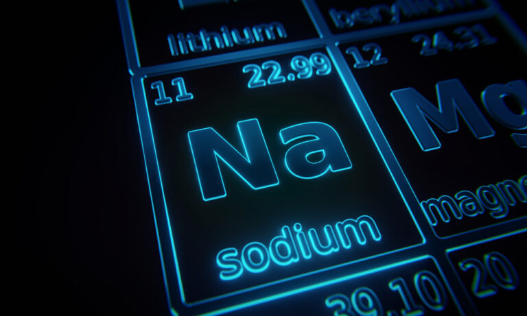 Focus on chemical element Sodium illuminated in periodic table of elements